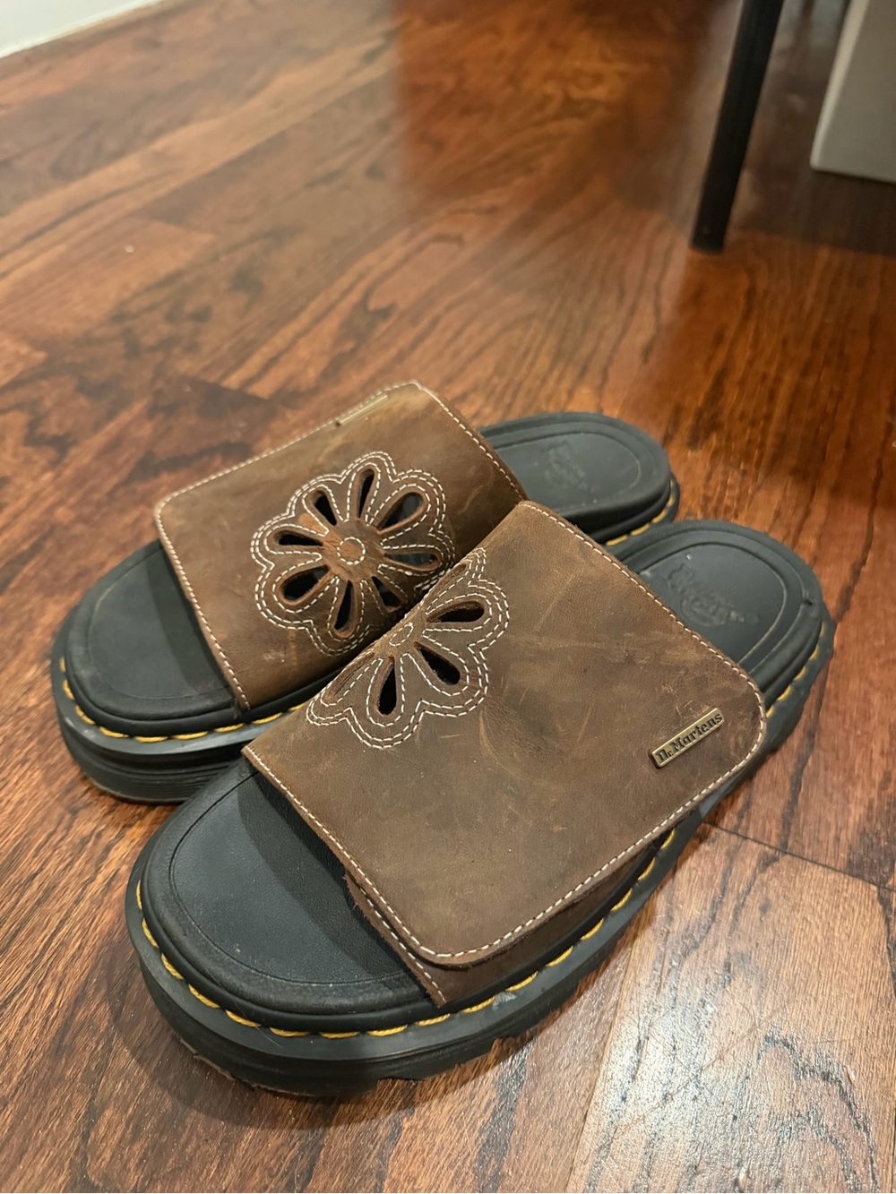 Dr. Martens Brown Leather Slide Sandals with Floral Cutout